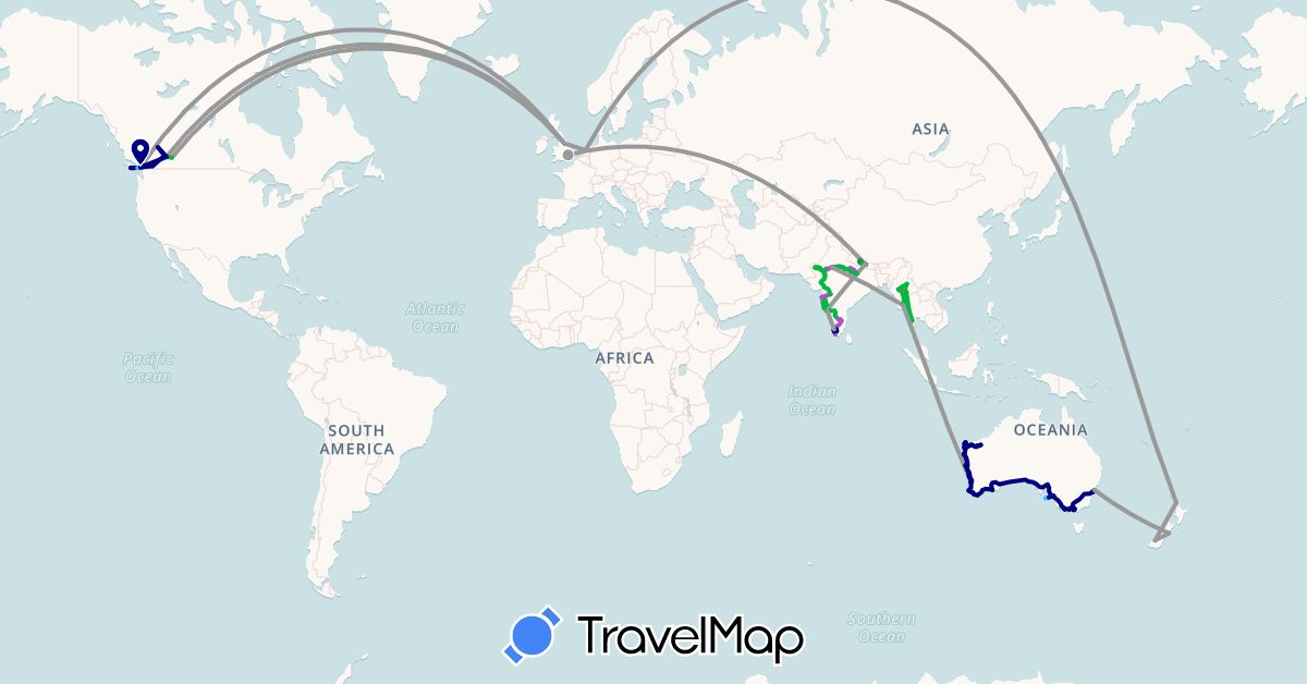 TravelMap itinerary: driving, bus, plane, train, hiking, boat in Australia, Canada, United Kingdom, India, Myanmar (Burma), Netherlands, Nepal, New Zealand (Asia, Europe, North America, Oceania)